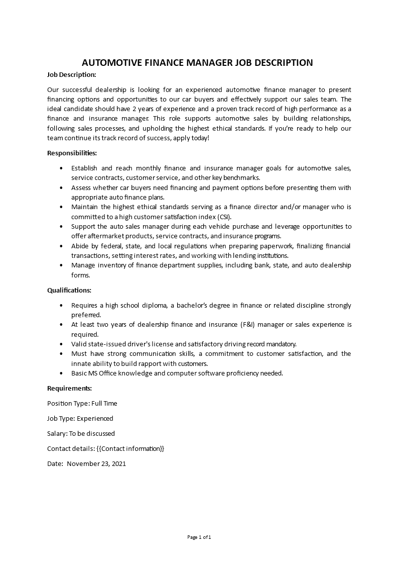 automotive finance manager job description