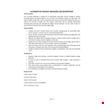 Automotive Finance Manager Job Description  example document template