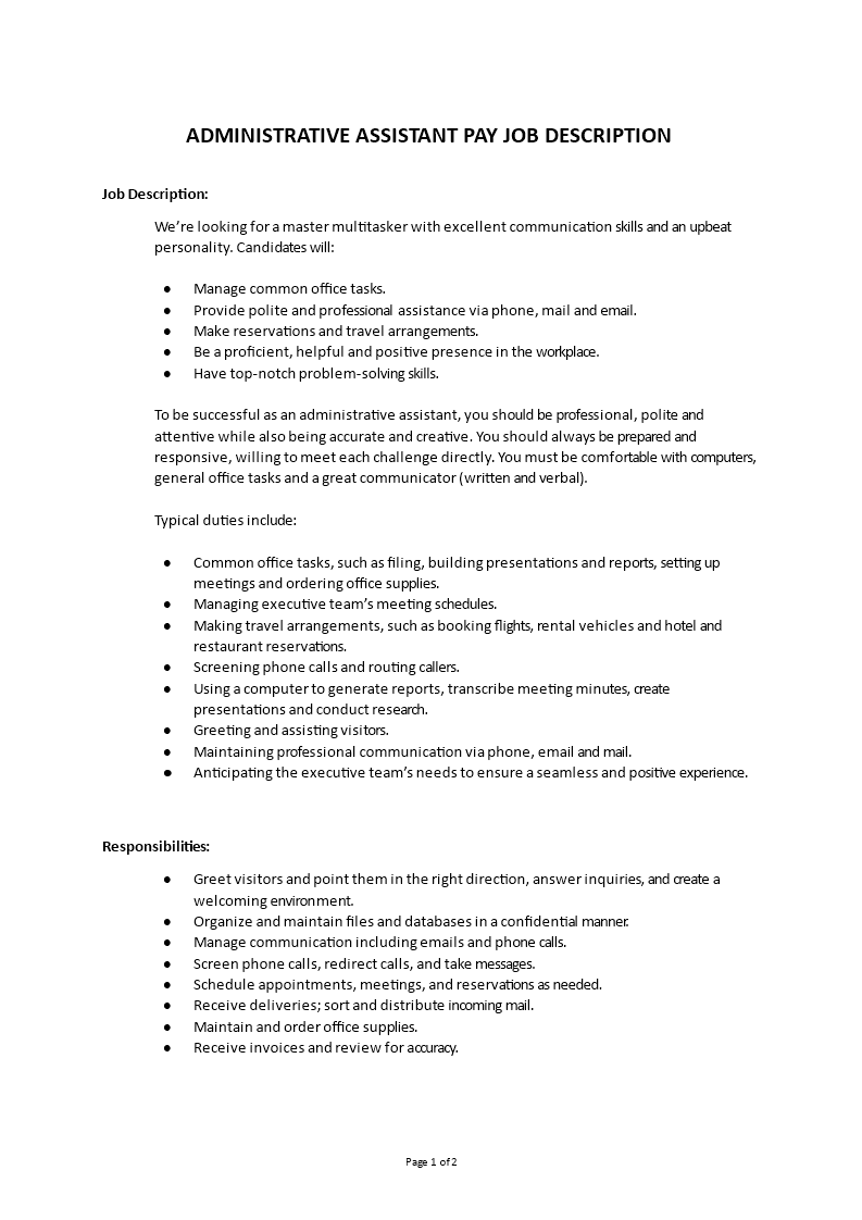administrative assistant pay job description template