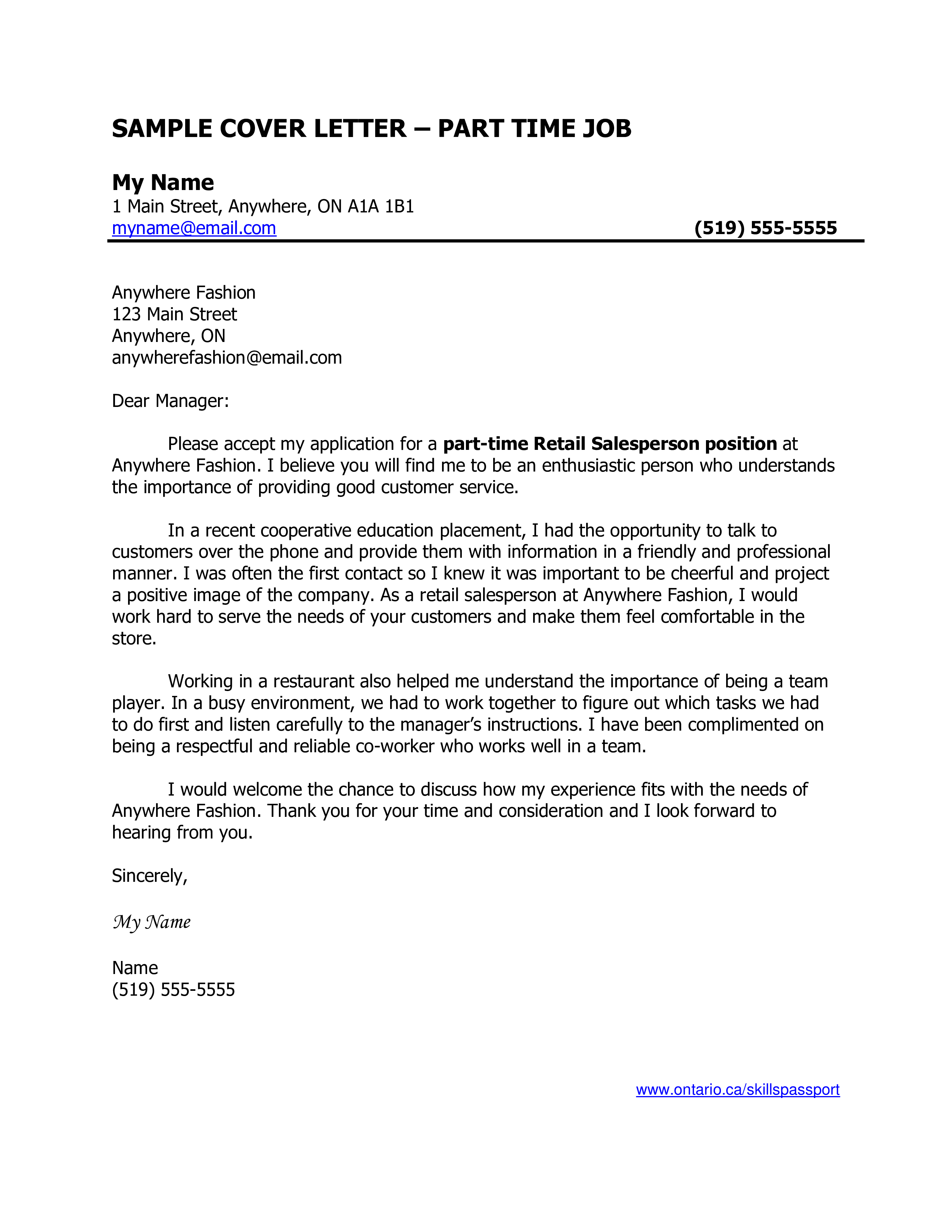 Part Time Job Application Letter Format