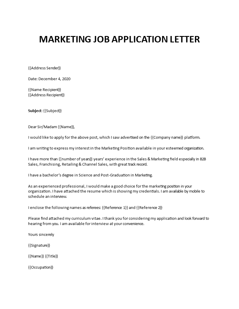 marketing job application letter