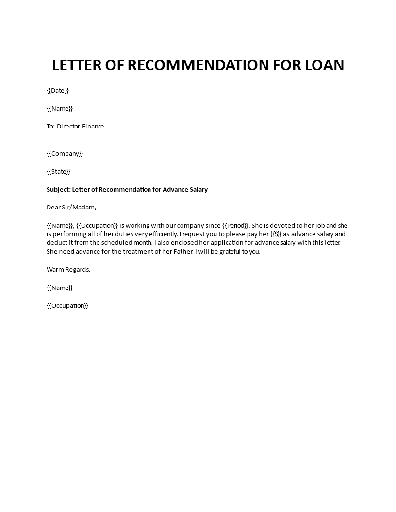 letter of recommendation for advance salary template