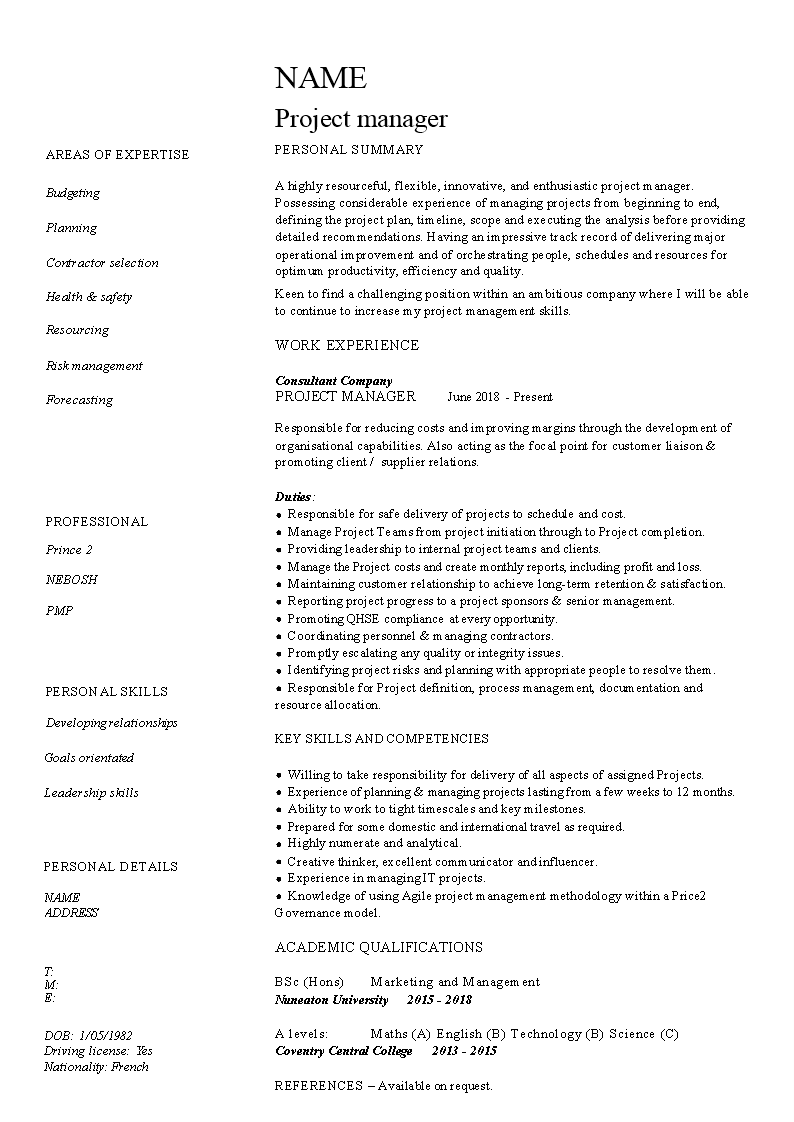 project manager curriculum vitae example