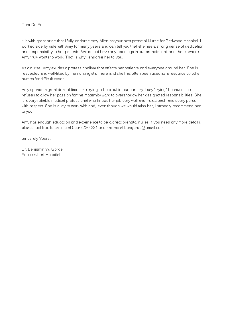 Nursing Job Reference Letter