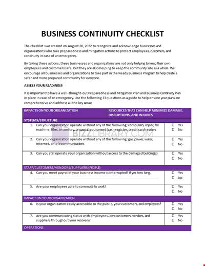 Business Continuity Checklist template