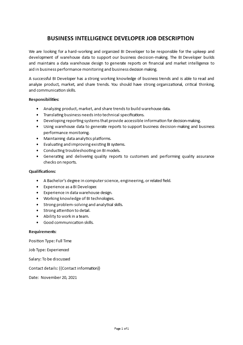 business intelligence developer job description template