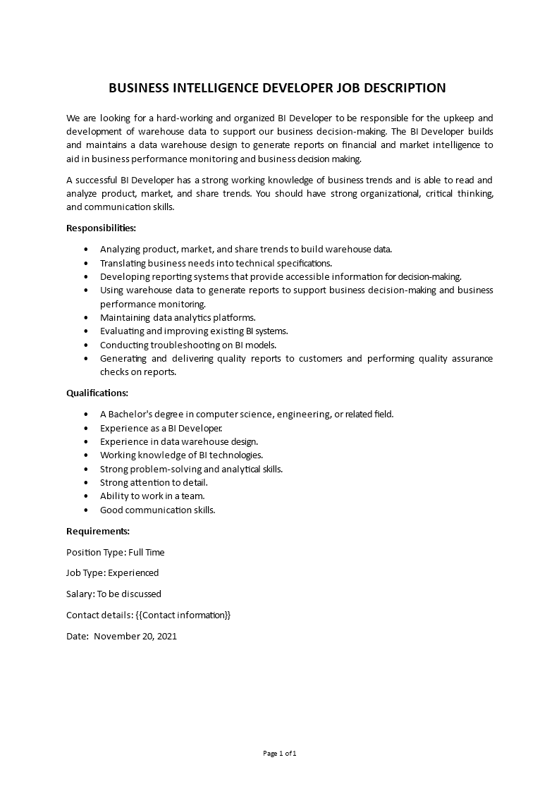 business intelligence developer job description Main Image business intelligence developer job description template