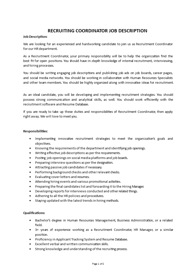 recruiting coordinator job description Main Image recruiting coordinator job description
