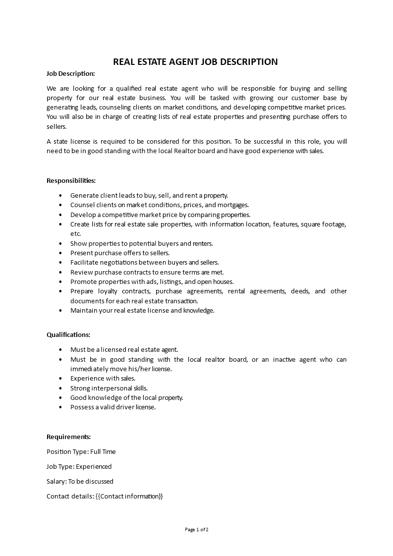 real estate agent job description Main Image real estate agent job description template