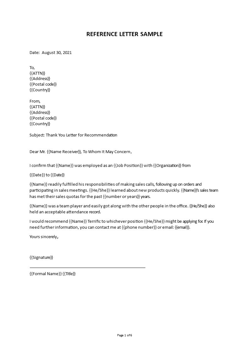 Sample of a Reference Letter Throughout Letter Of Rec Template