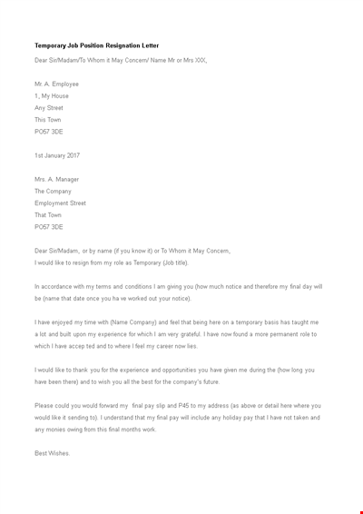 Resignation Letter For Temporary Position