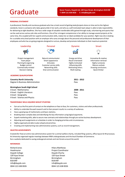 College Student Resume Template: Skills for Day Job | Level | Birmingham