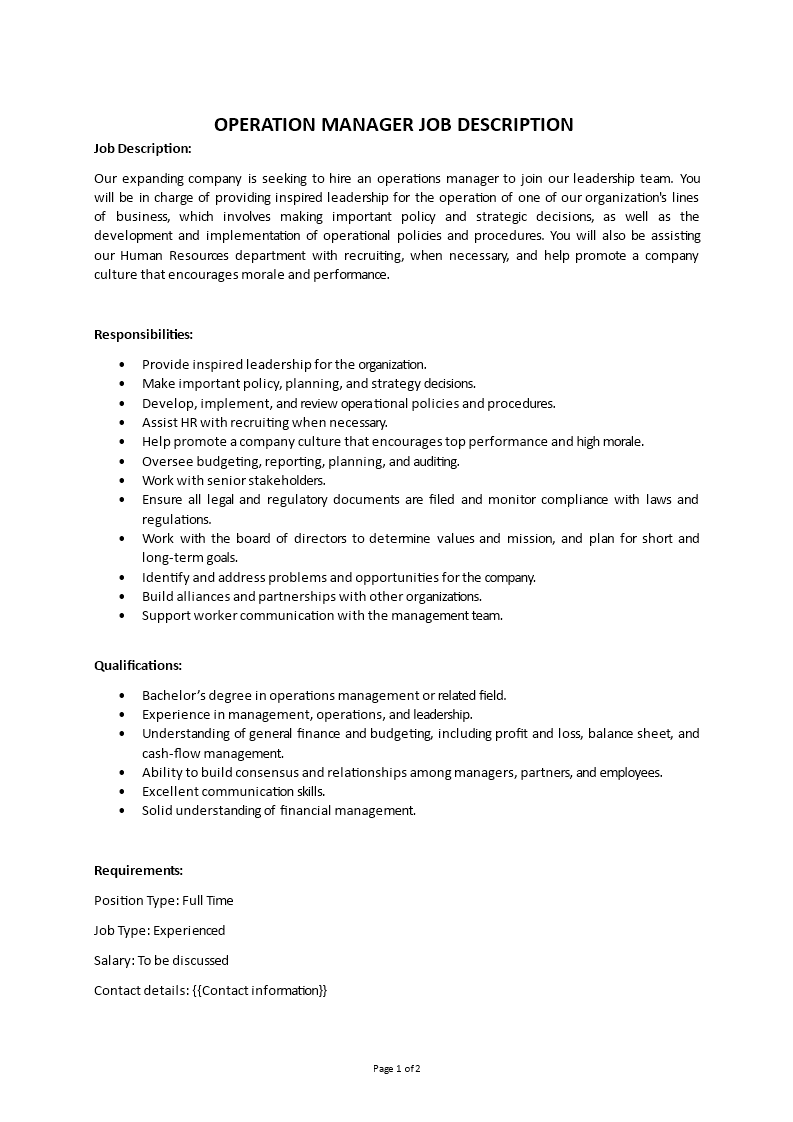 operations manager job description