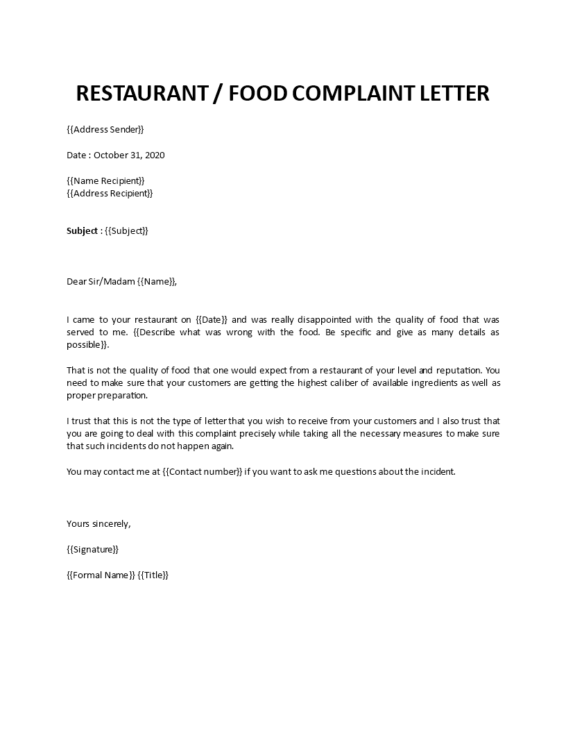 Restaurant complaint letter
