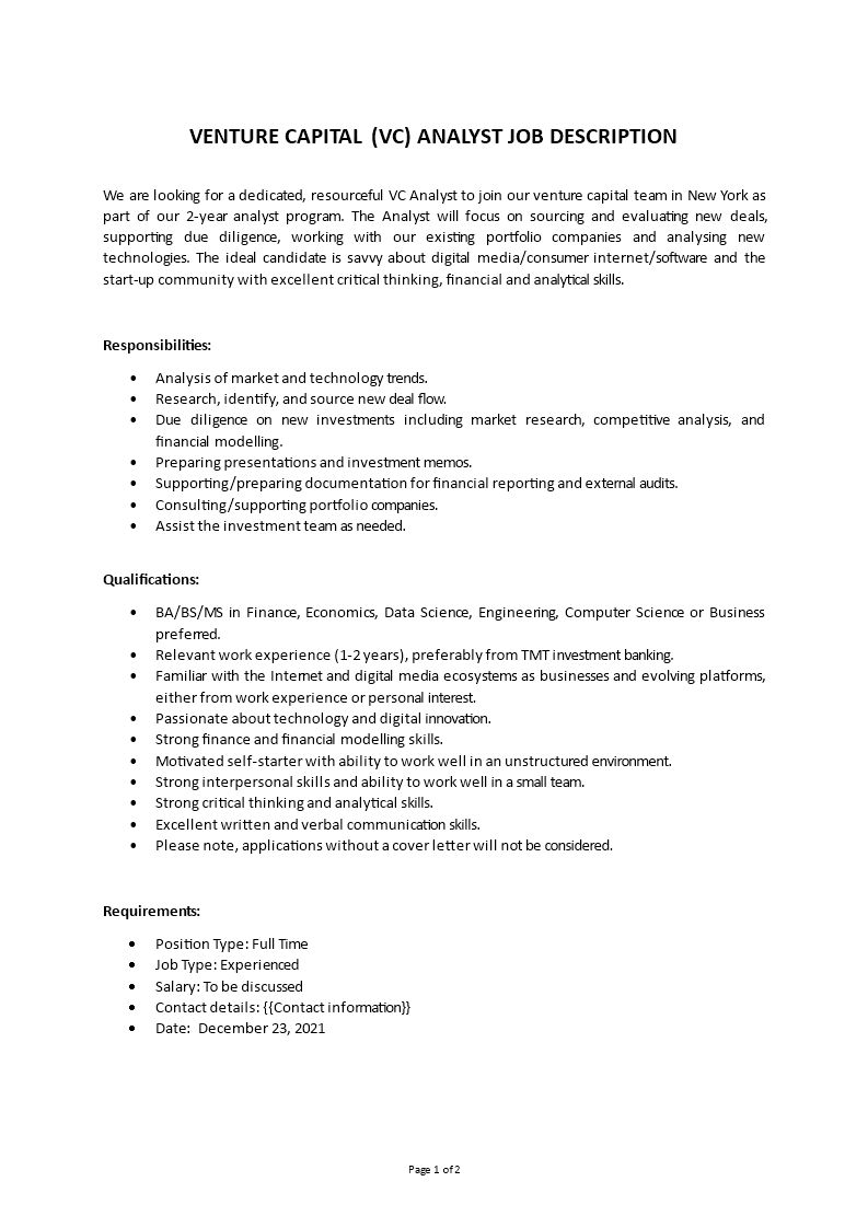 venture firm analyst job description Main Image venture firm analyst job description template