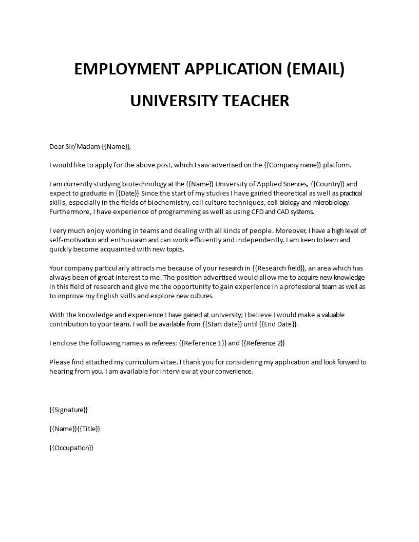 university teacher job application letter template