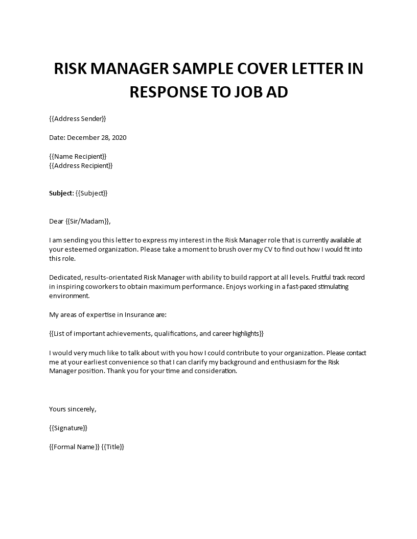 risk manager cover letter 