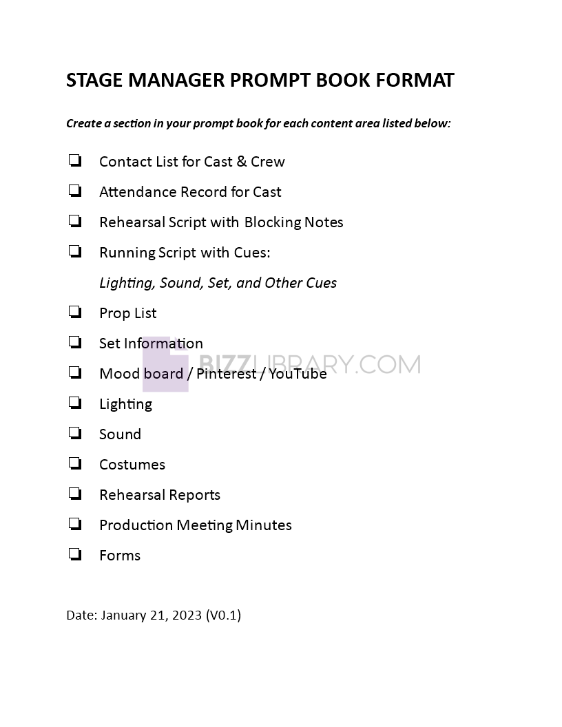 stage manager prompt book template