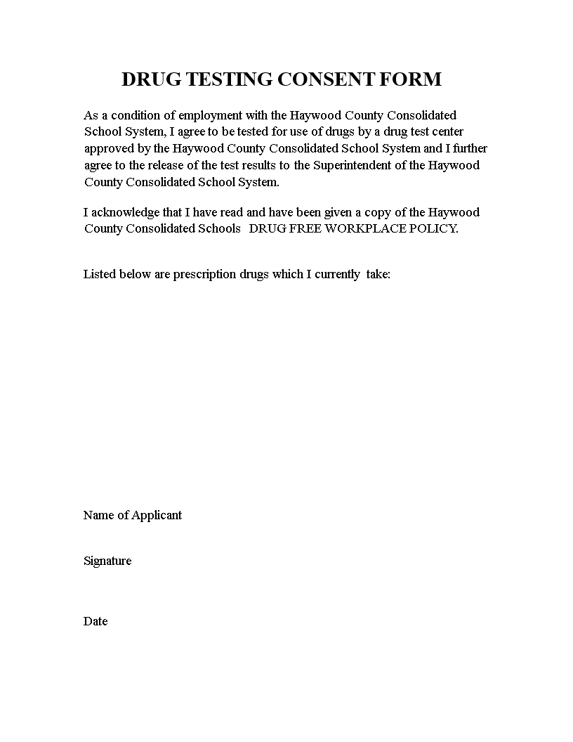 Drug Test Consent Form for Faculty | Haywood County Consolidated School