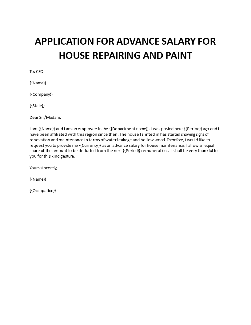 application for advance salary for house repairing and paint template