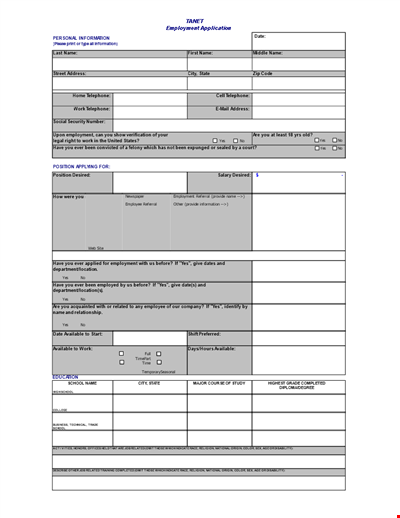 Restaurant Job Application Form Sample