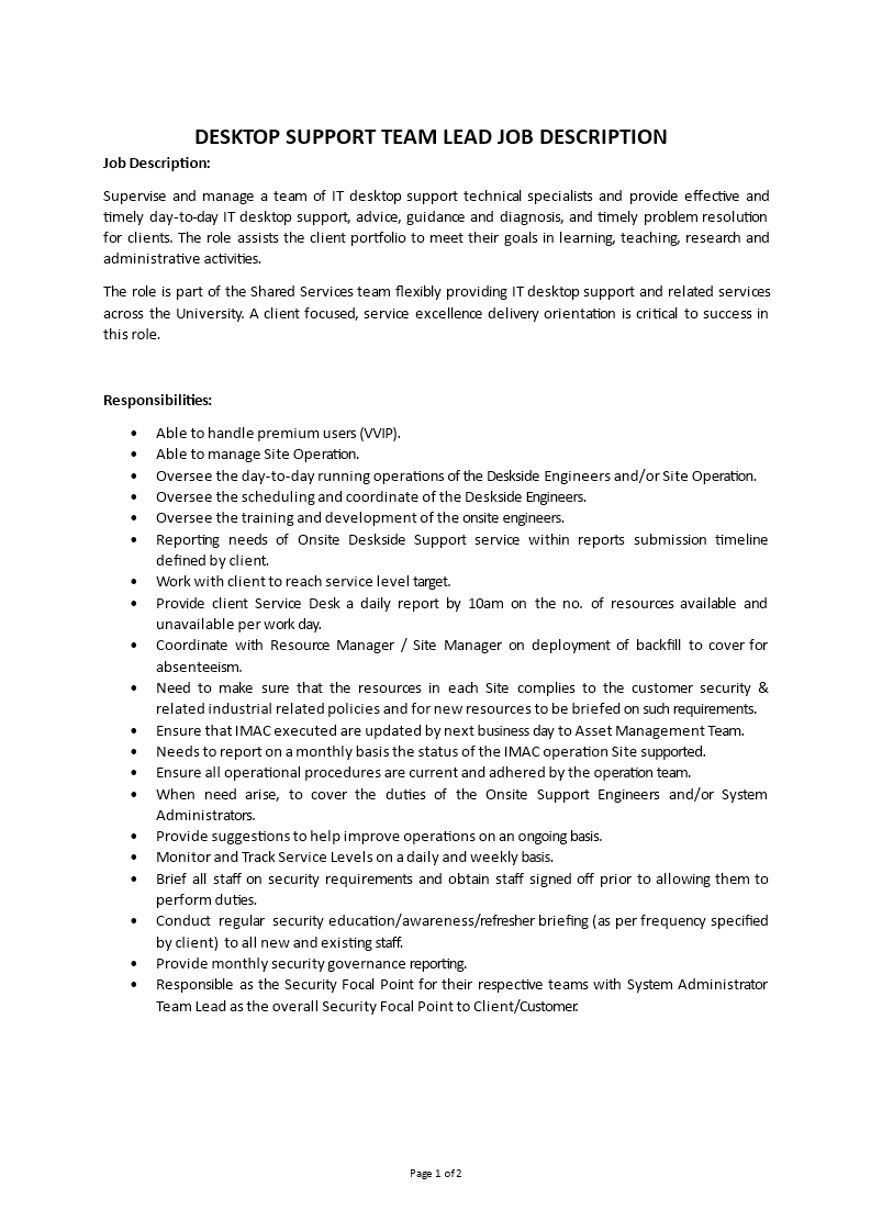 desk support team lead job description Main Image desk support team lead job description