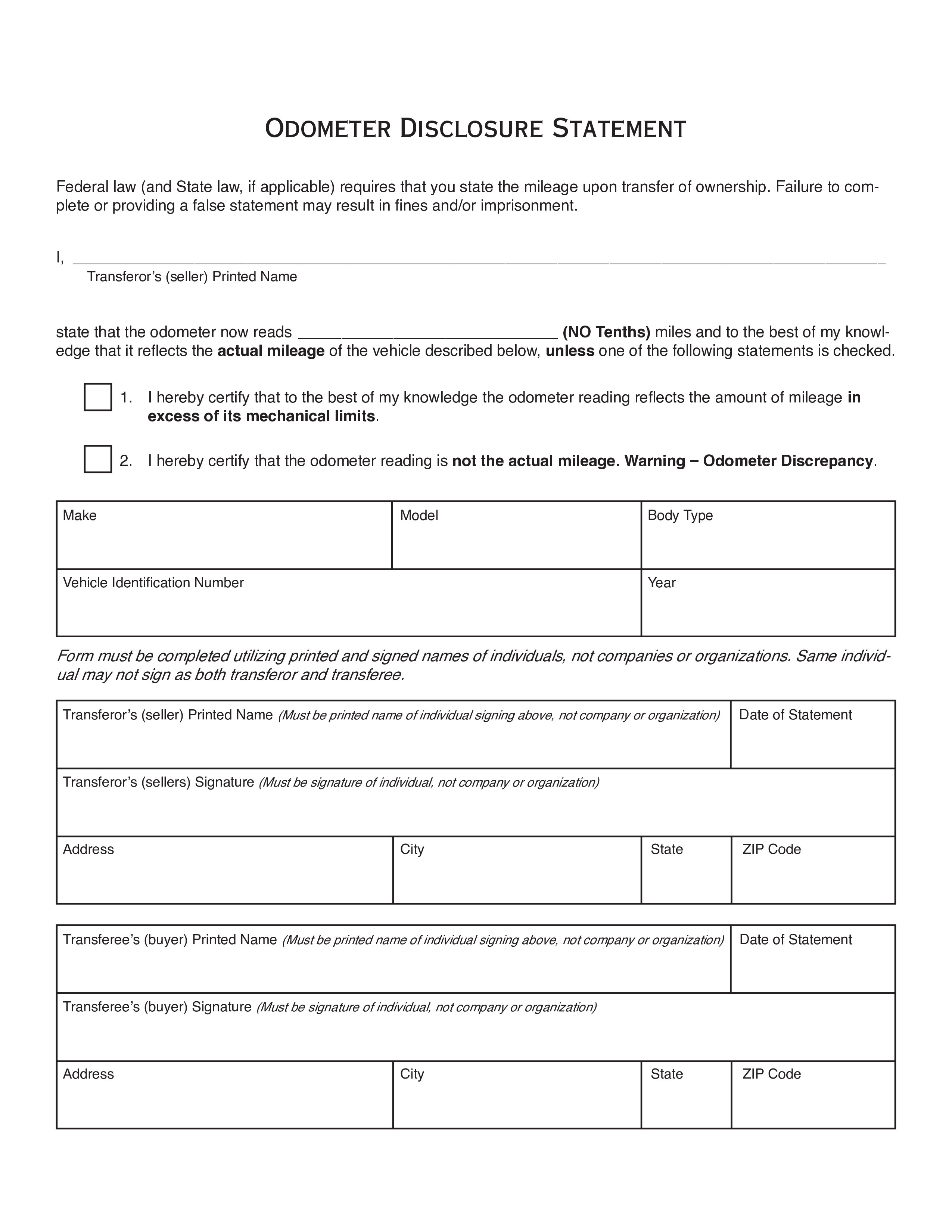 Printed odometer disclosure statement state required form