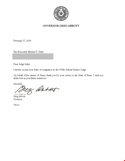 Manager Acceptance of Resignation Letter - Governor Abbott Thanks Seiler (Texas)