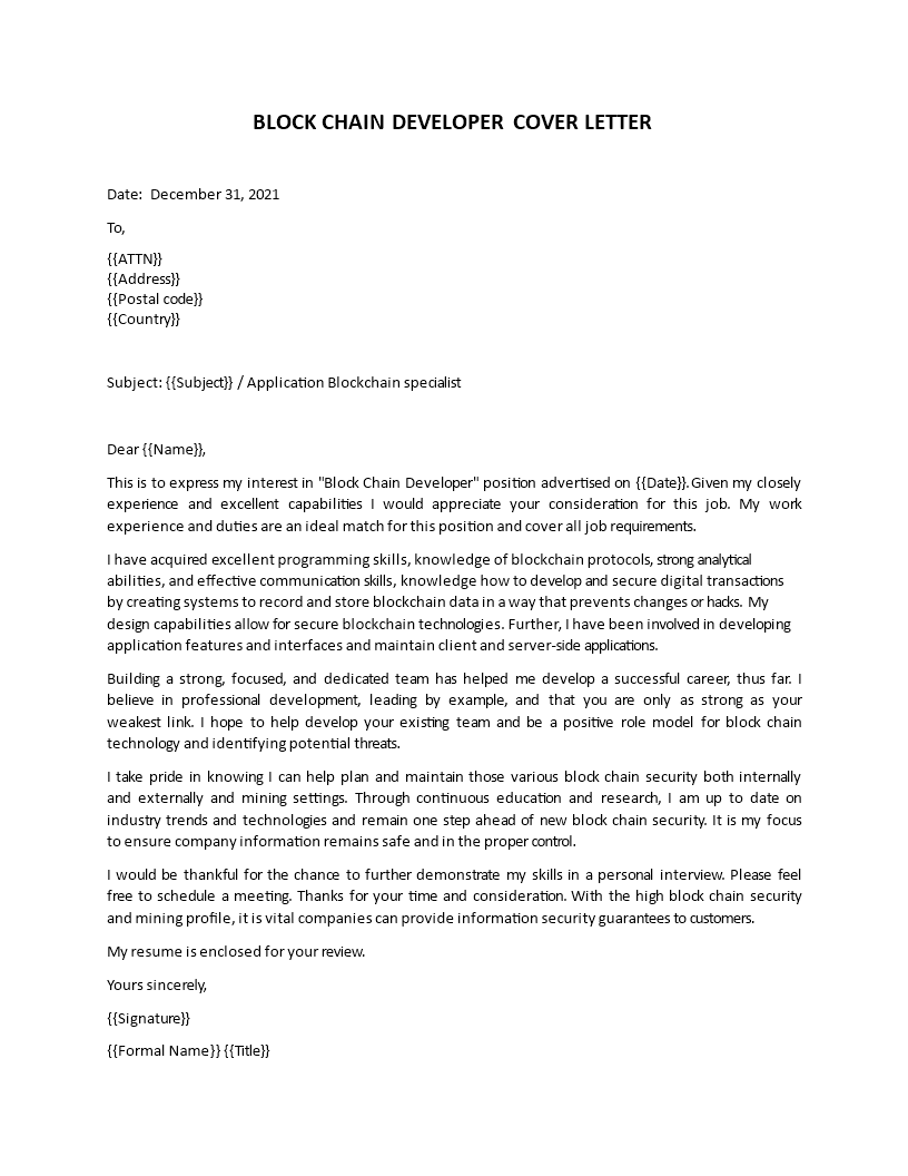blockchain developer cover letter