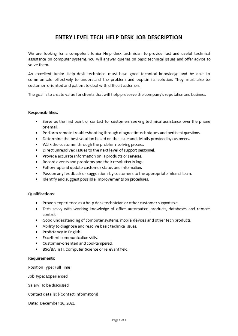 helpdesk job description Main Image helpdesk job description template