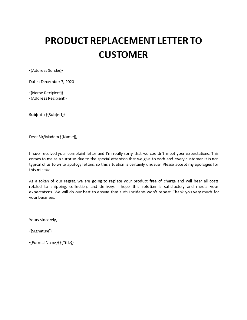 product replacement letter to customer  template