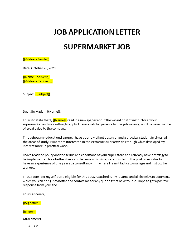 application for a job in supermarket template