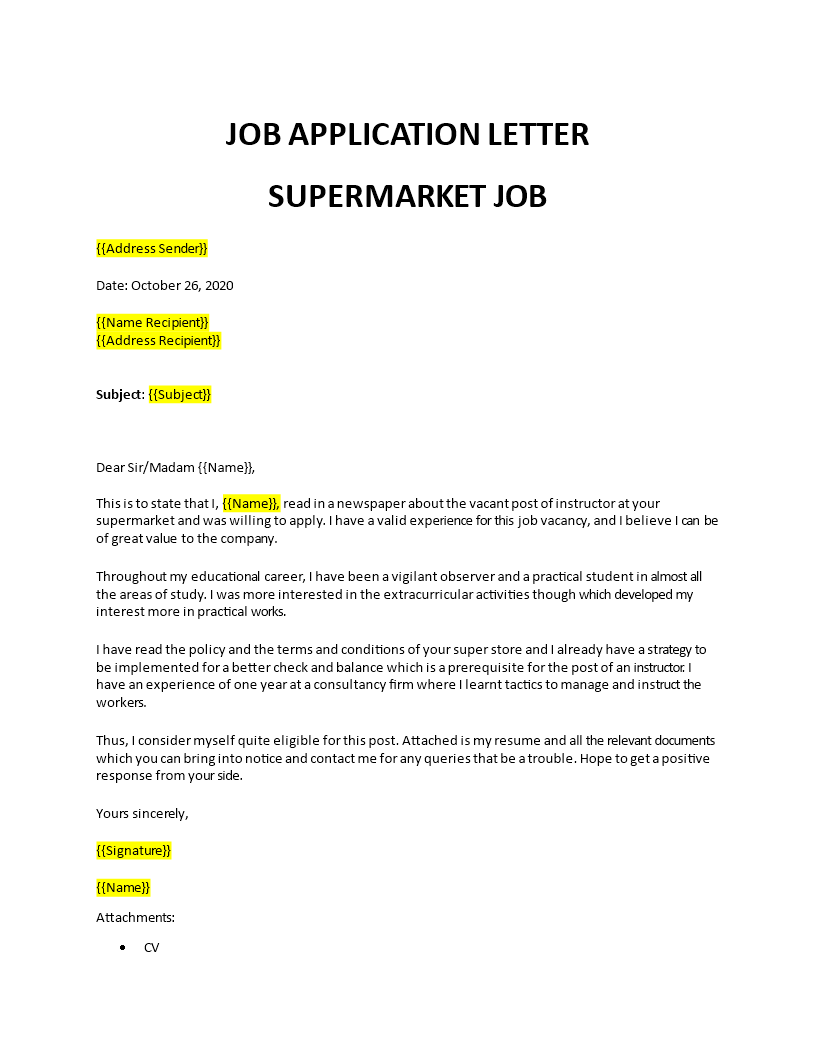 application letter for job in supermarket