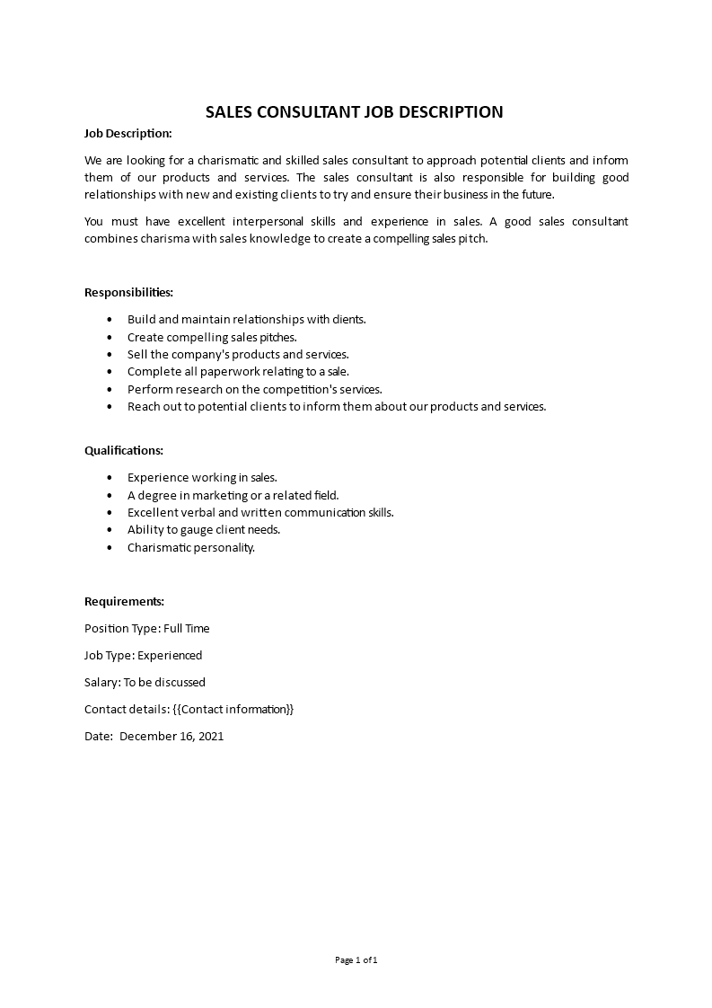 sales consultant job description Main Image sales consultant job description template