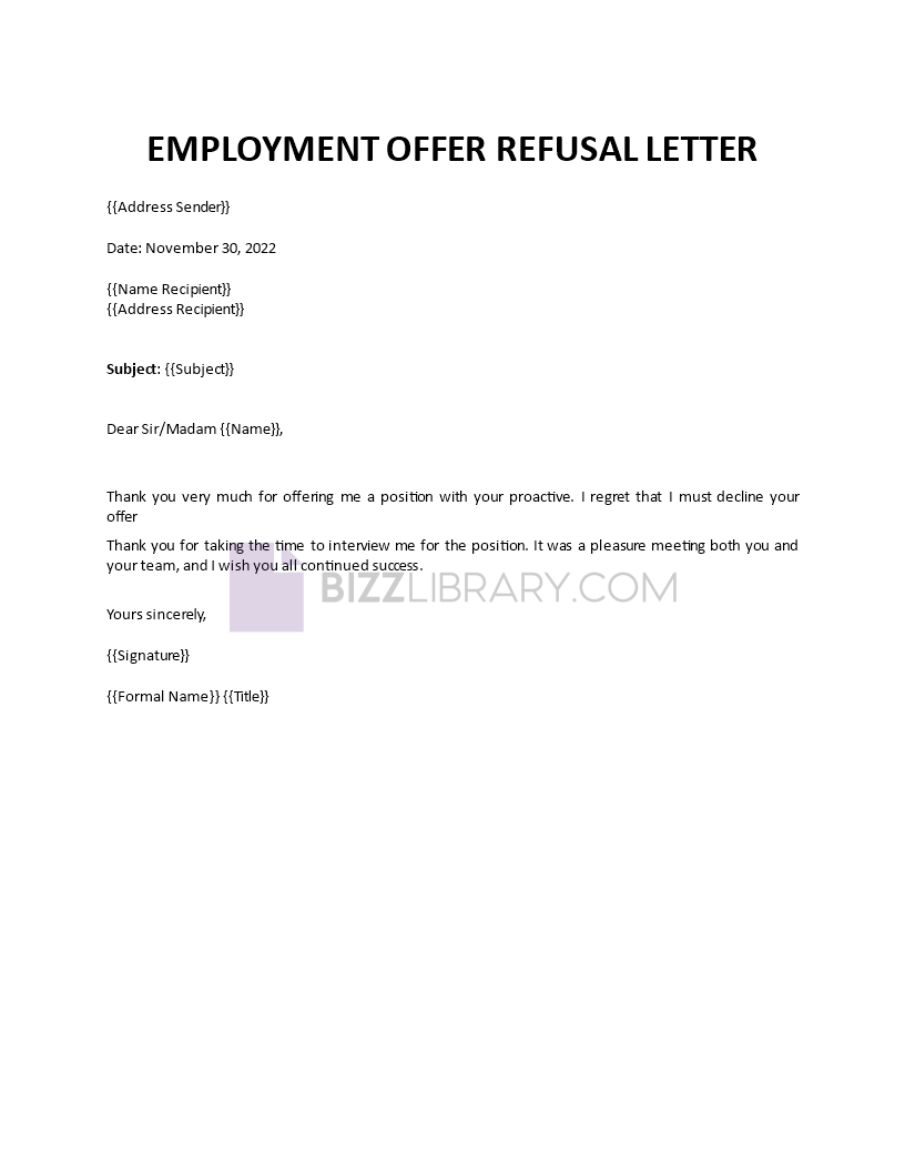 employment offer refusal letter Main Image employment offer refusal letter template
