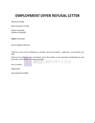 Employment Offer Refusal Letter