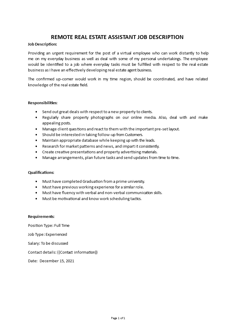 real estate assistant job description Main Image real estate assistant job description