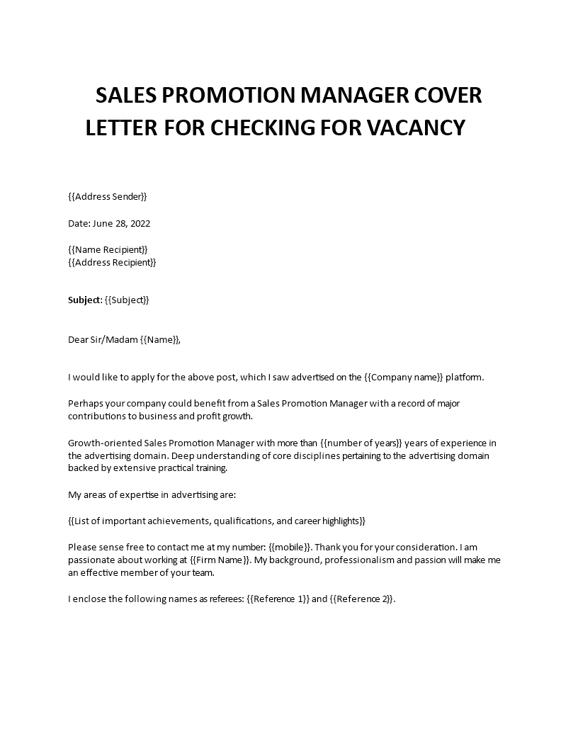 sales promotion manager cover letter template