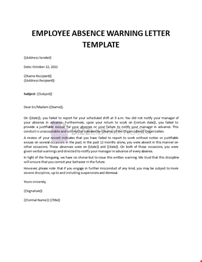 Employee Absence Warning Letter Template