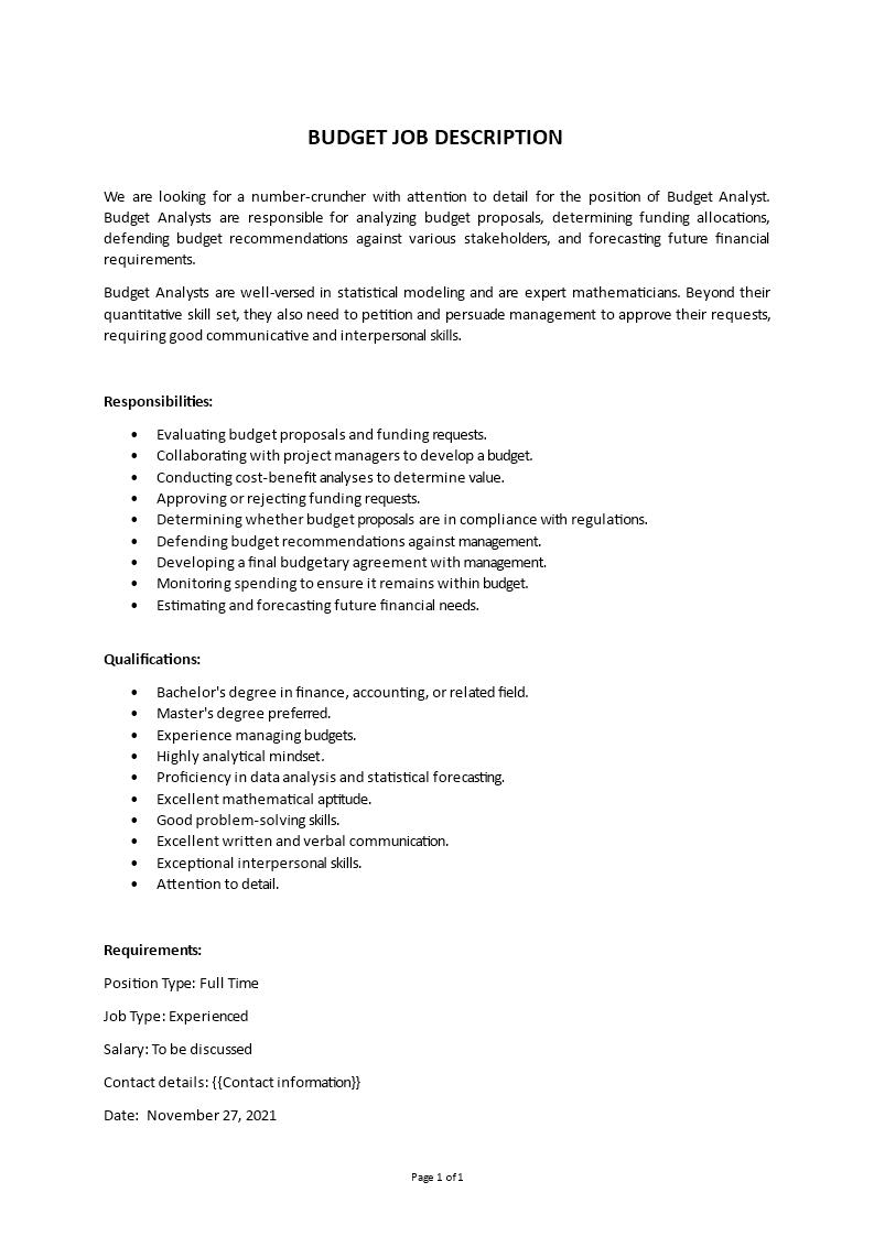 budget analyst job description Main Image budget analyst job description template