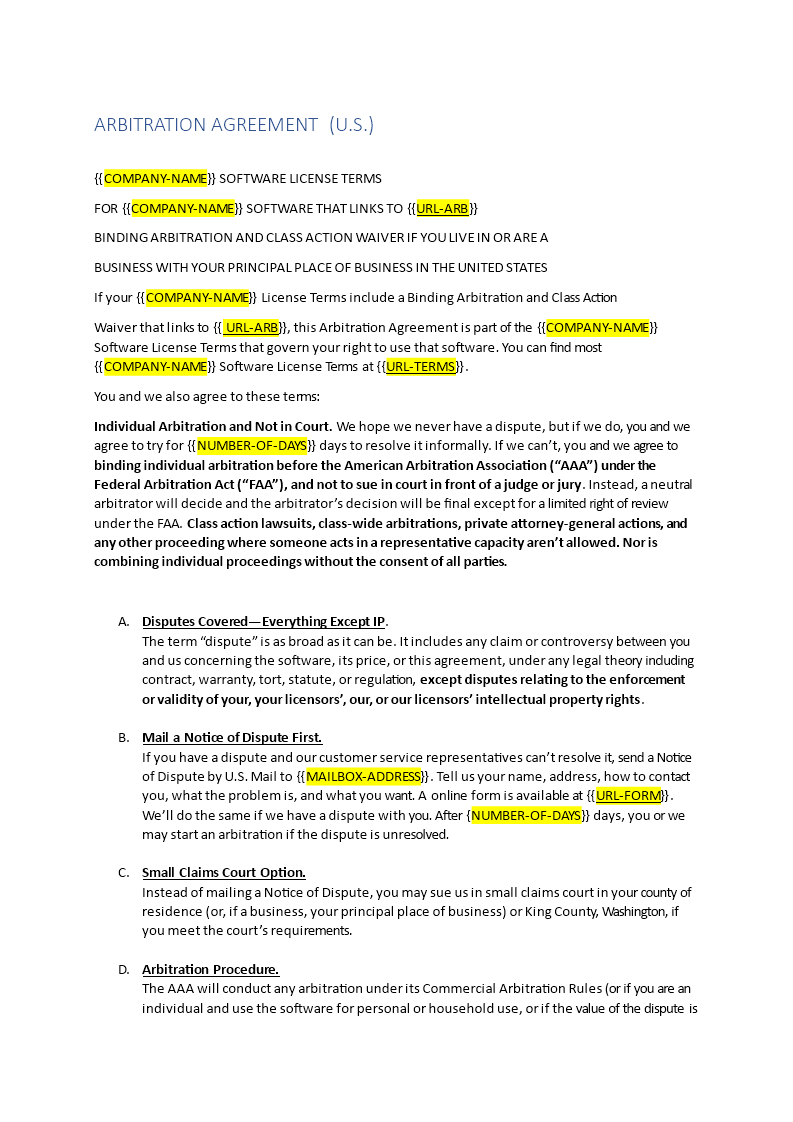 arbitration agreement template template