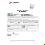 Cameron Certificate of Conformance | Applicable Certificate Number example document template