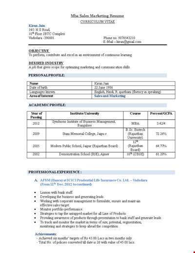 Mba Sales Marketing Resume