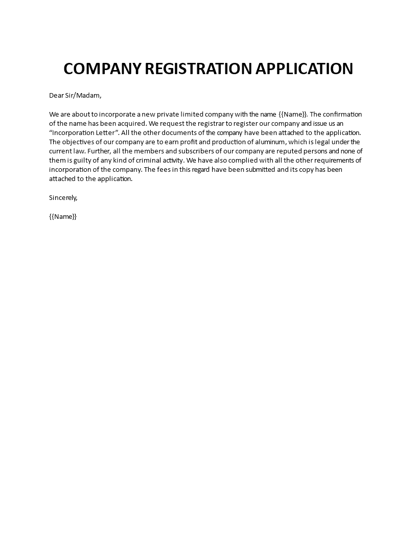 template to apply for registration of private company