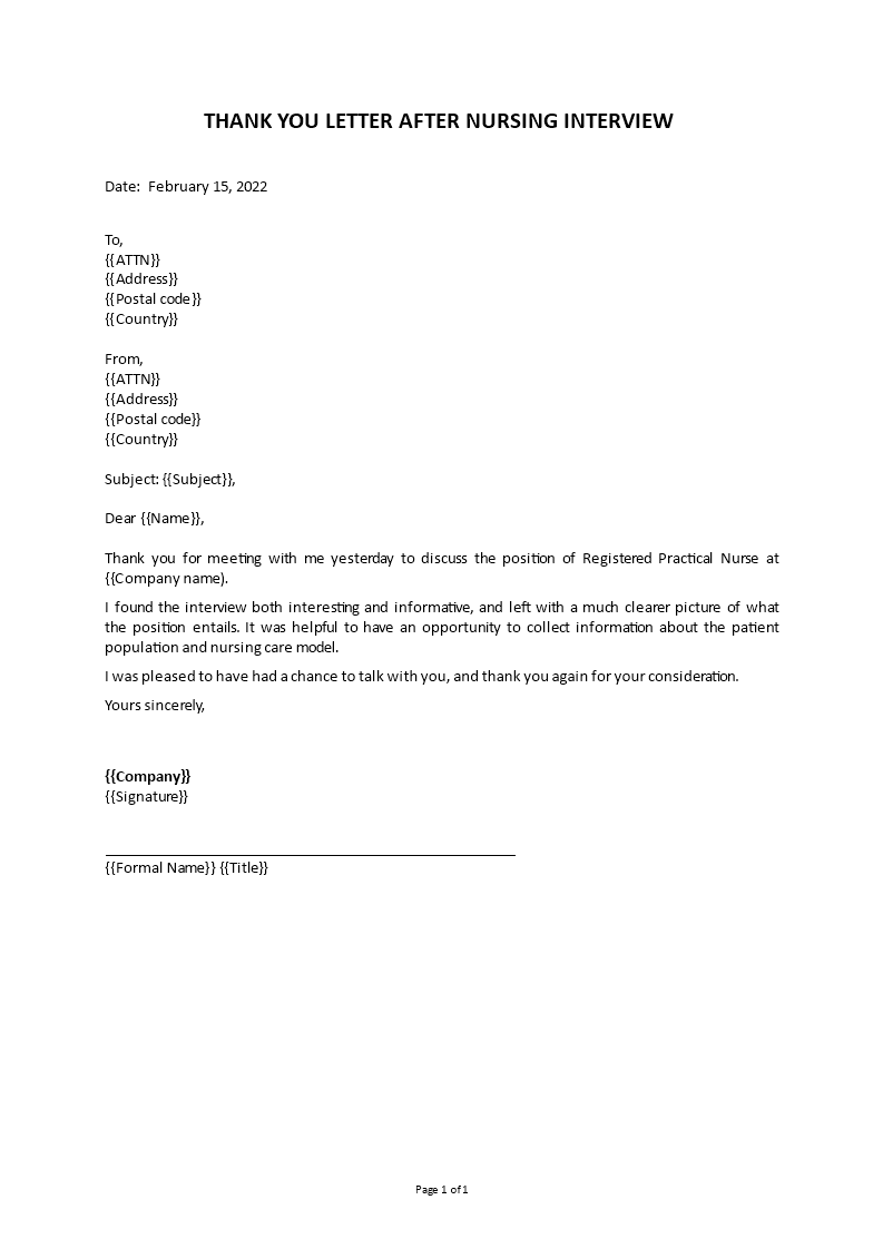 thank you letter after nursing interview template