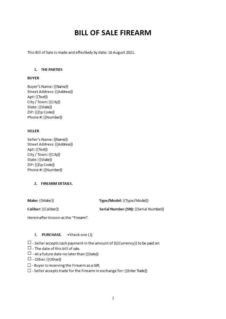 firearm bill of sale Main Image firearm bill of sale template