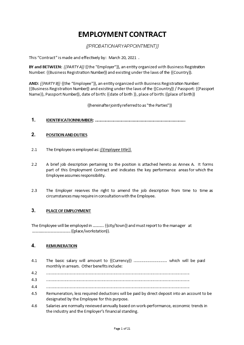 employment contract template template