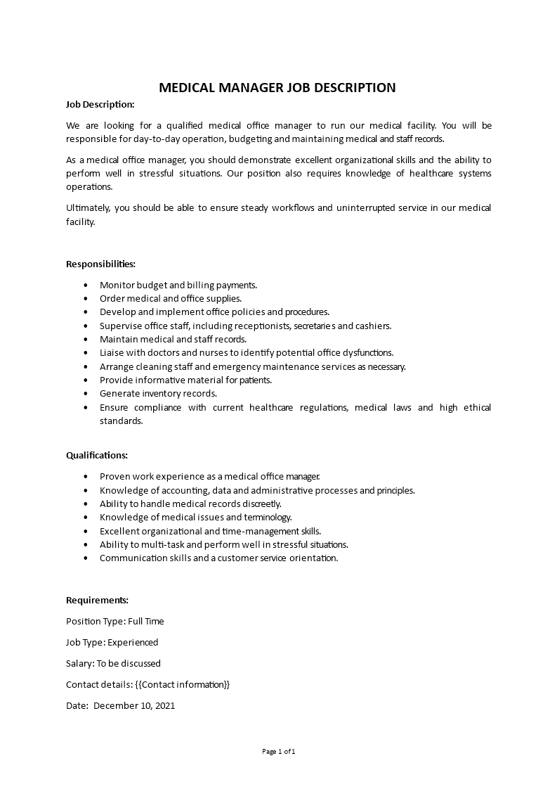 medical manager job description Main Image medical manager job description template