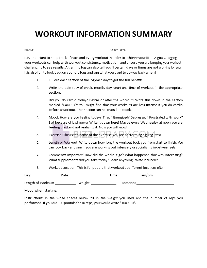 workout summary template