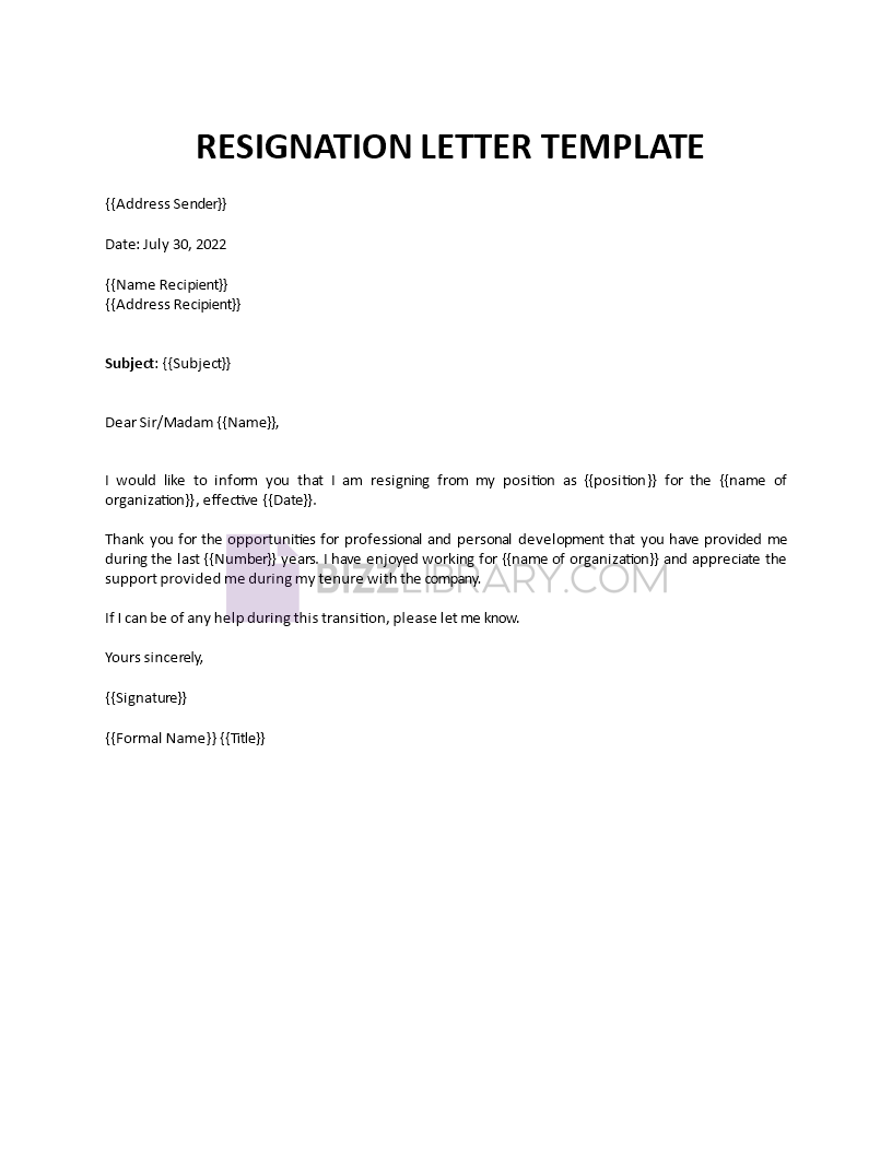 resignation letter template template